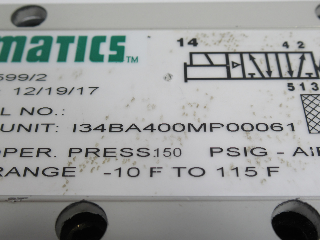 Numatics I34BA400MP00061 Solenoid Valve w/ Bridge 24VDC 4W Coil ! NWB !