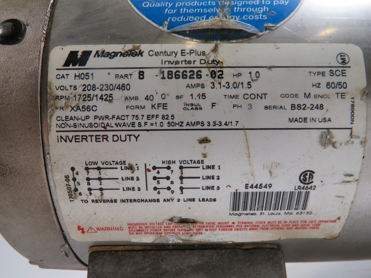 Magnetek 1.0HP 1725/1425RPM 208-230/460V XA56C TE 3Ph 3.1-3.0/1.5A USED