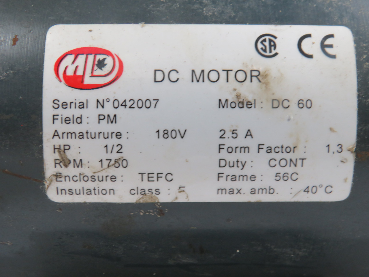 MLD DC Motor 1/2HP 1750RPM 180V 56C TEFC 2.5A USED
