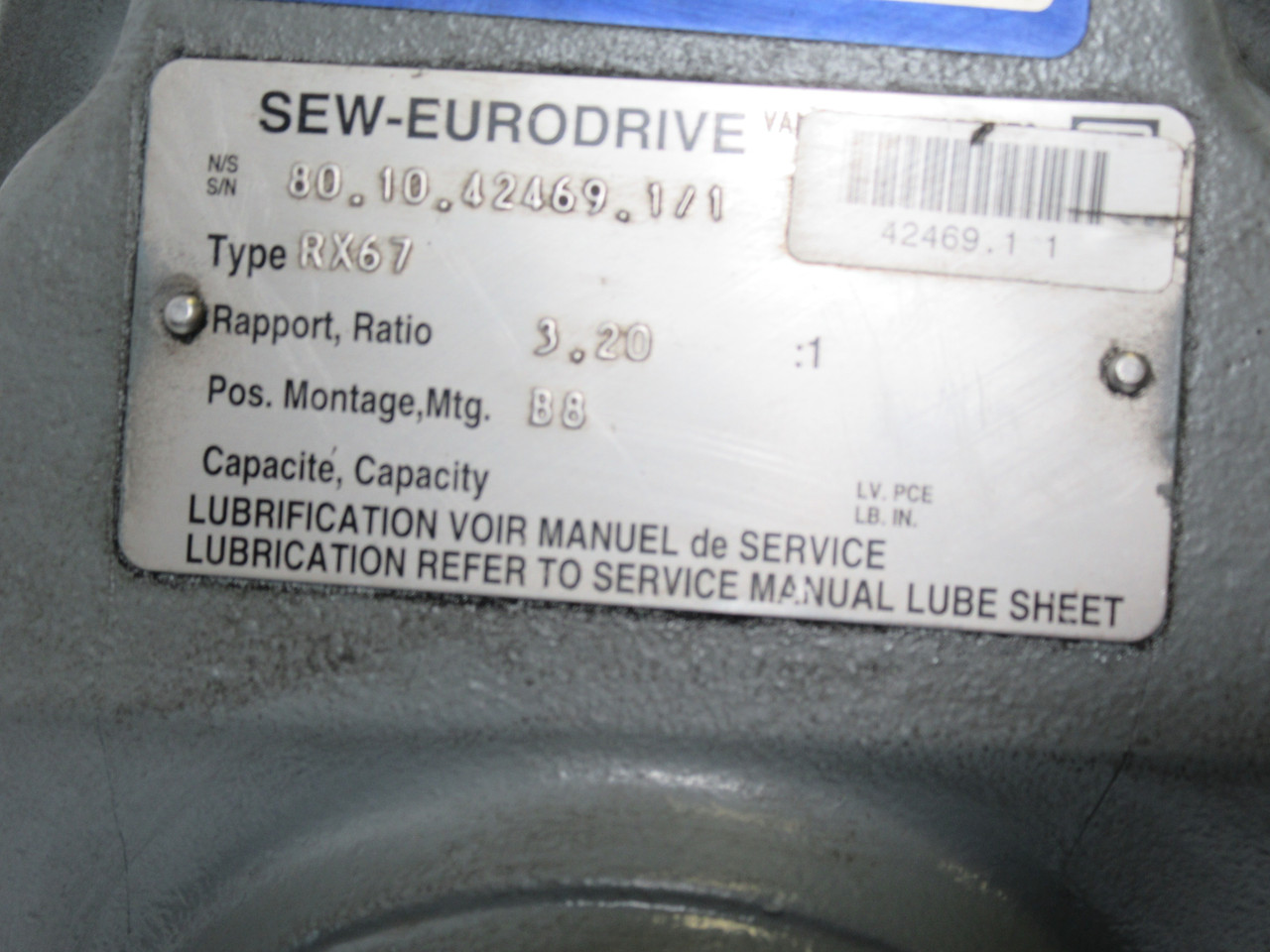 Sew-Eurodrive RX67DT100LS4 3HP 538RPM 330/575V TEFC C/W 3.2:1 Ratio USED