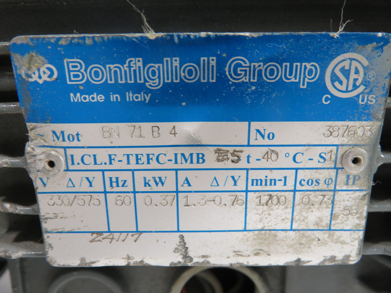 Bonfiglioli 0.37kW 1700RPM 330/575V 71B TEFC C/W Gear Reducer 38:1 Ratio USED