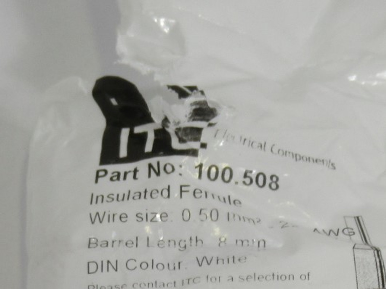 ITC 100.508 Lot of 343 Insulated Ferrule White 0.5mm-22AWG 8mm Barrel NWB