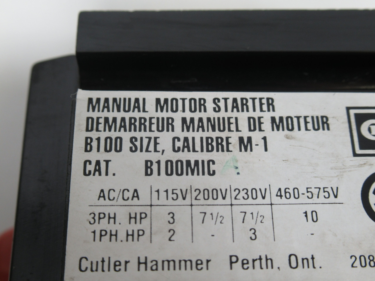 Cutler-Hammer B100M1C Manual Motor Starter *Missing Screws/No Base* USED