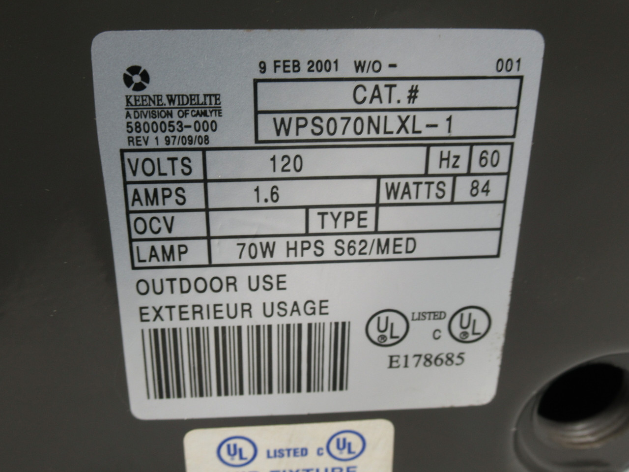 Keene-Widelite WPS070NLXL-1 Outdoor Light Fixture 120V 60Hz SHELF WEAR USED