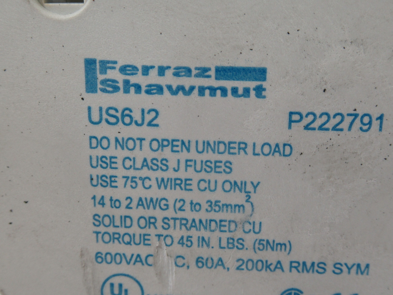 Ferraz Shawmut US6J2 UltraSafe Fuse Holder 60A 600VAC 2P USED