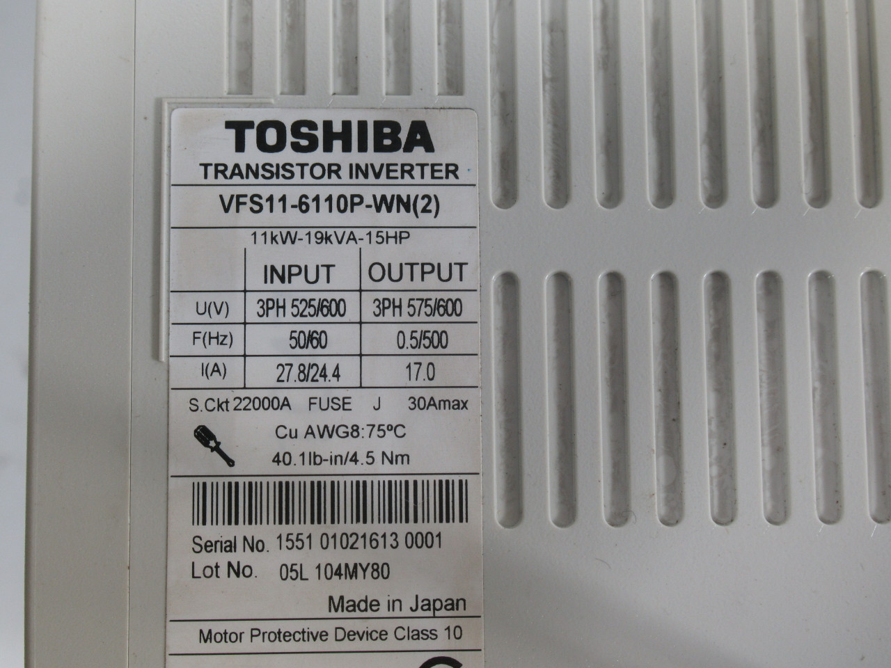 Toshiba VFS11-6110P-WN(2) Transistor Inverter 11kW 19kVA 15HP 525/600V USED