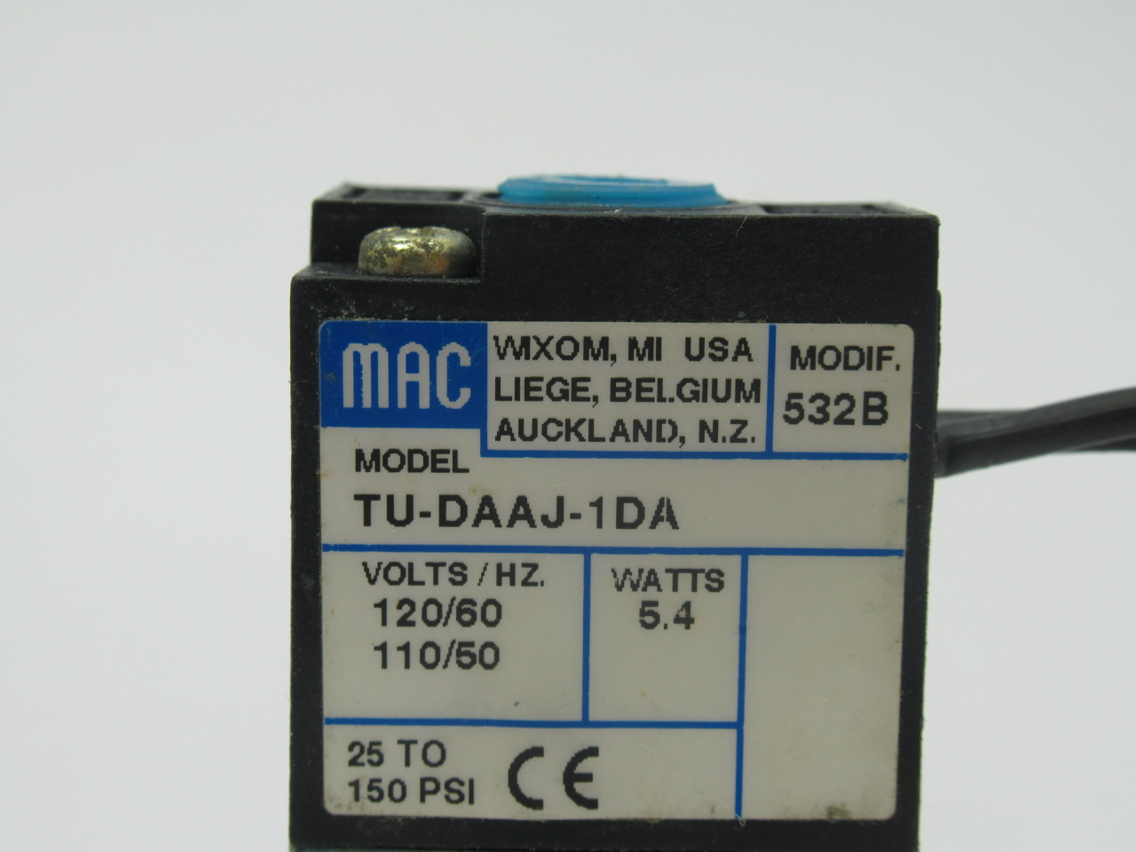 MAC TU-DAAJ-1DA Solenoid Valve 120/110V 50/60Hz 2.5" Wires Modif. 532B USED