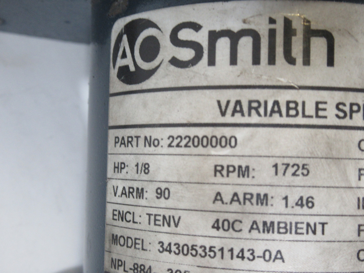AO Smith 22200000 Variable Speed DC Motor 1/8HP 1725RPM 90V 1.46A USED
