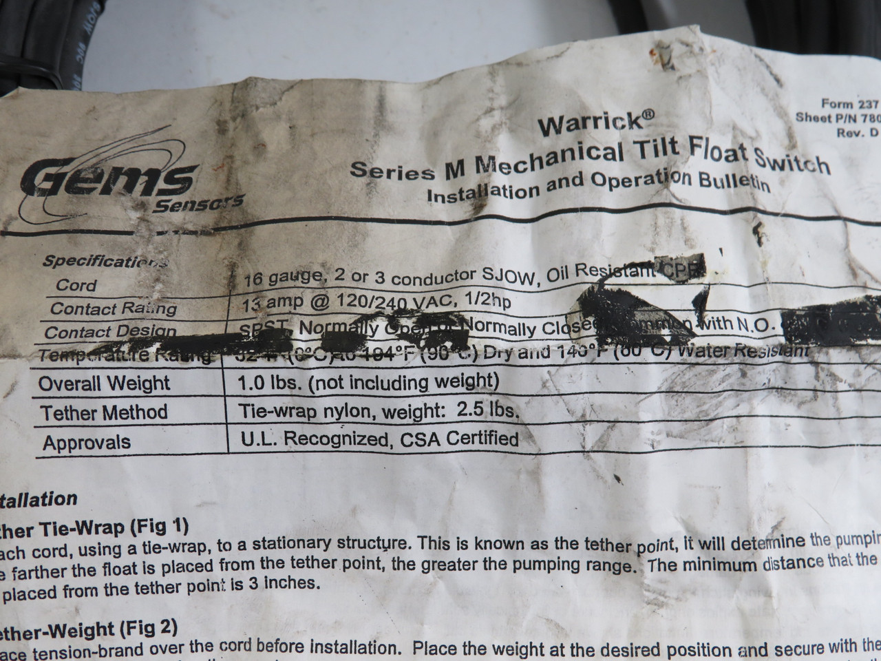 Warrick MBLU40T Mechanical Tilt Lever Sensor Ser.M 13A@120/240VAC 1/2HP USED