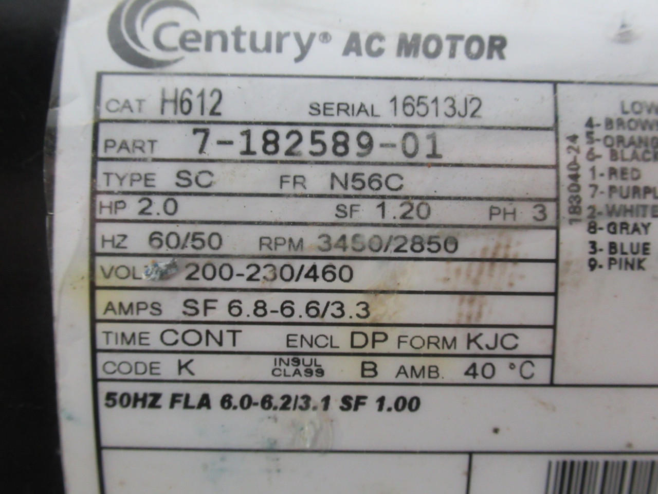 Century 2HP 3450/2850RPM 200-230/460V N56C DP 3ph 6.8-6.6/3.3A 60/50Hz USED