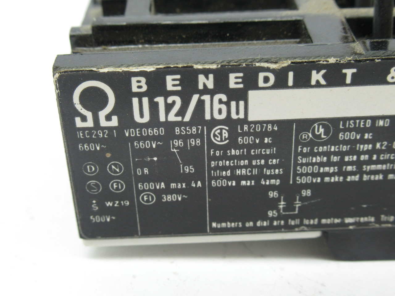 Benedikt & Jager U12/16U-9A Overload Relay 6-9A USED