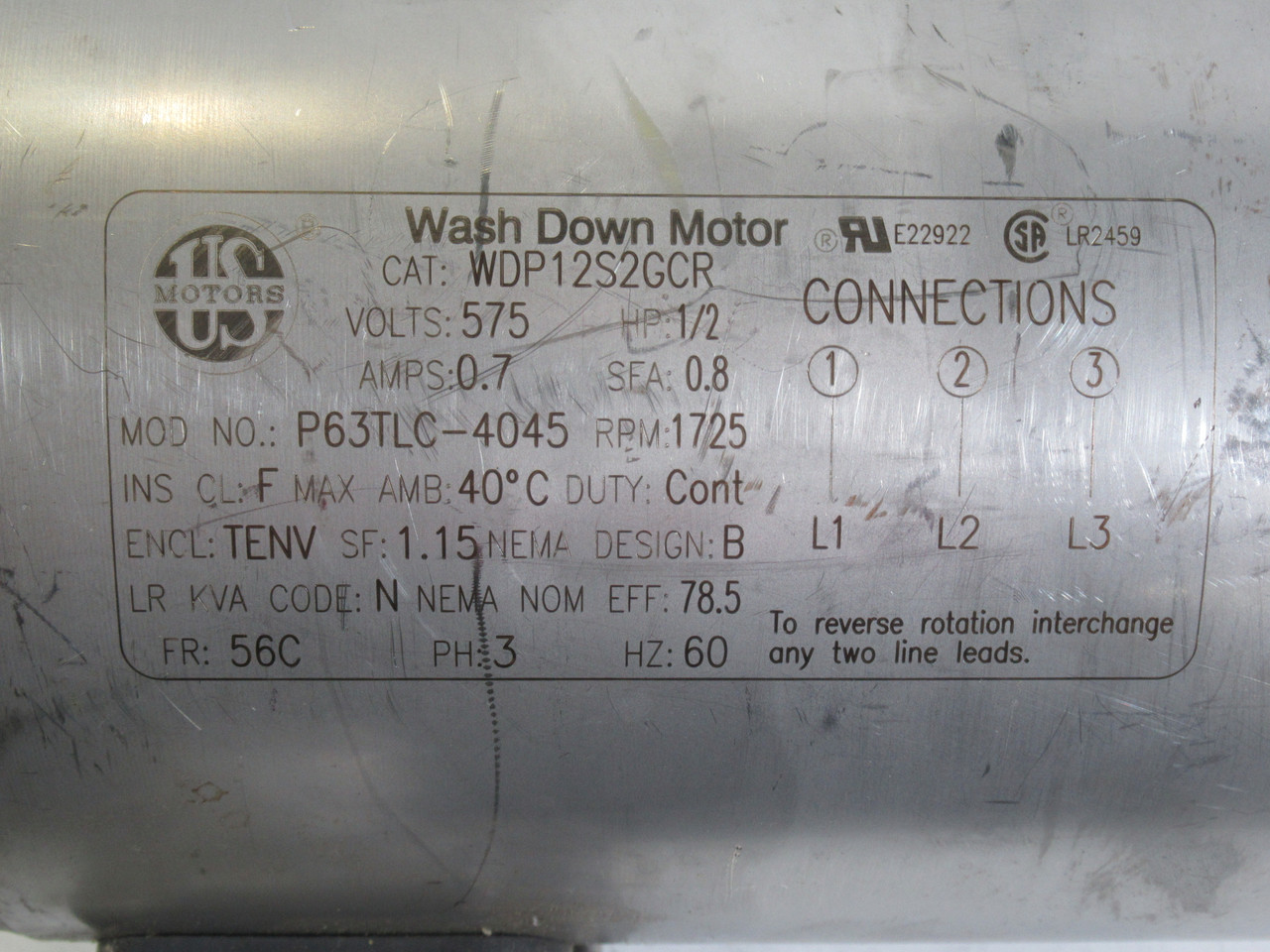 US Motors 1/2HP 1725RPM 575V 56C TENV 3ph 0.7A 60Hz USED