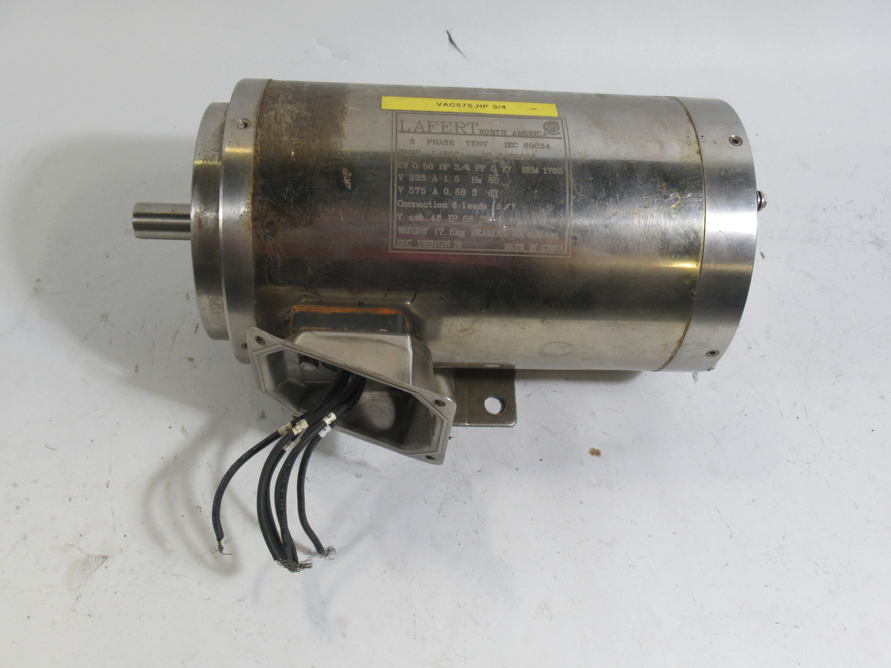 Lafert 3/4HP 1765RPM 333/575V TENV 3ph 1.5/0.88A 60Hz USED