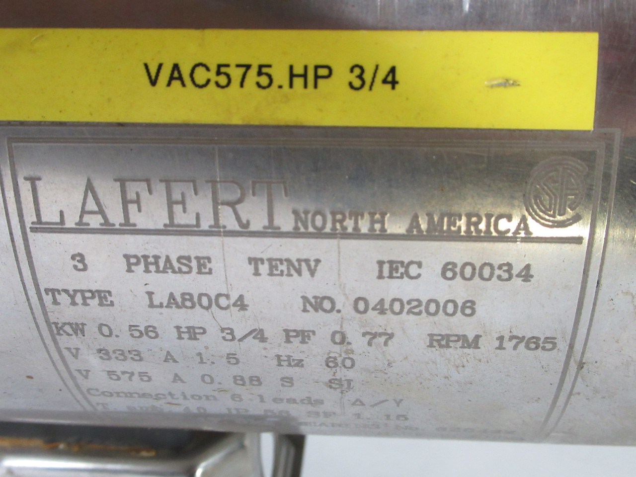 Lafert 3/4HP 1765RPM 333/575V TENV 3ph 1.5/0.88A 60Hz USED