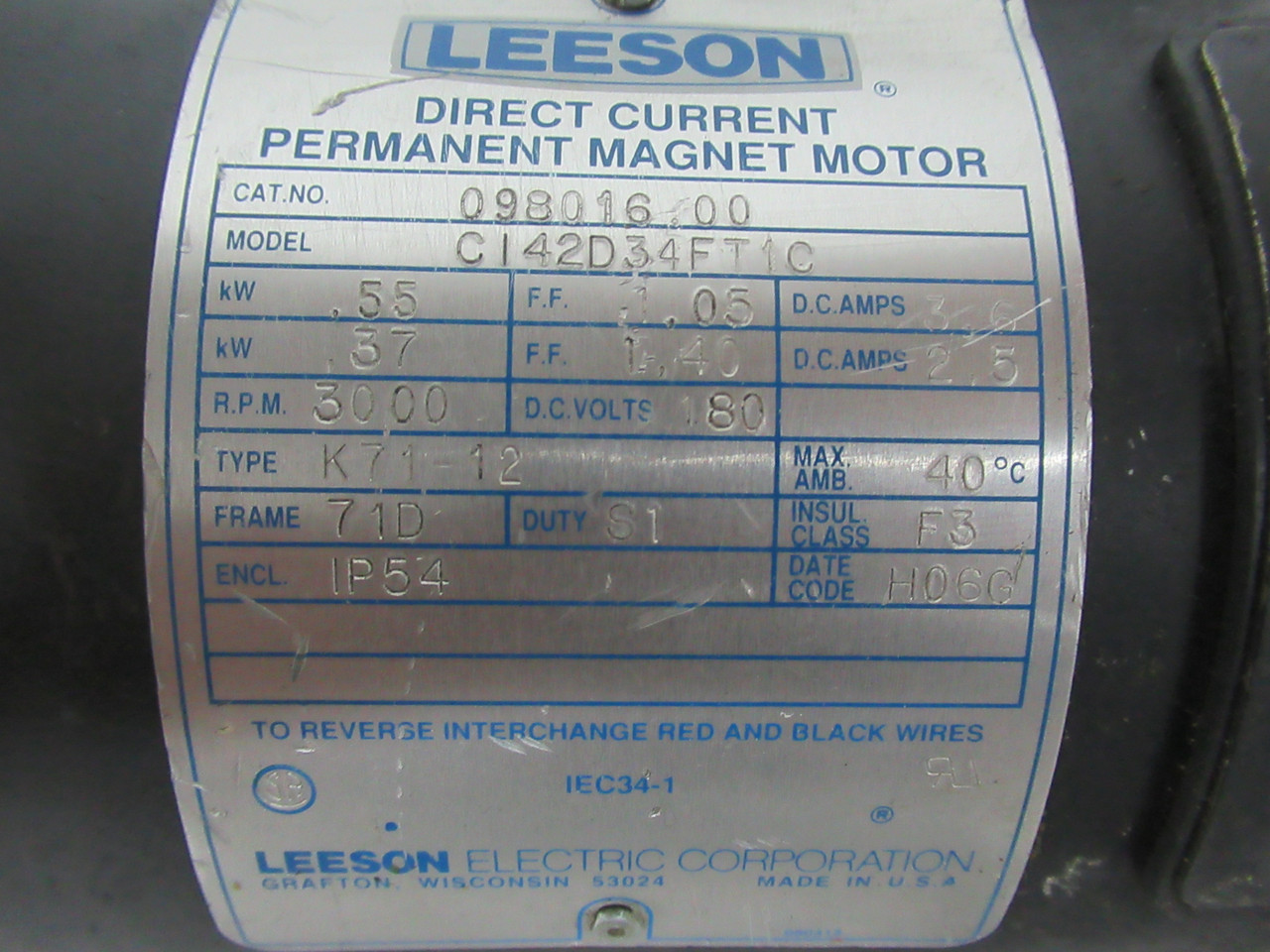 Leeson 0.55/0.37kW 3000RPM 180VDC 71D 3.6/2.5A USED