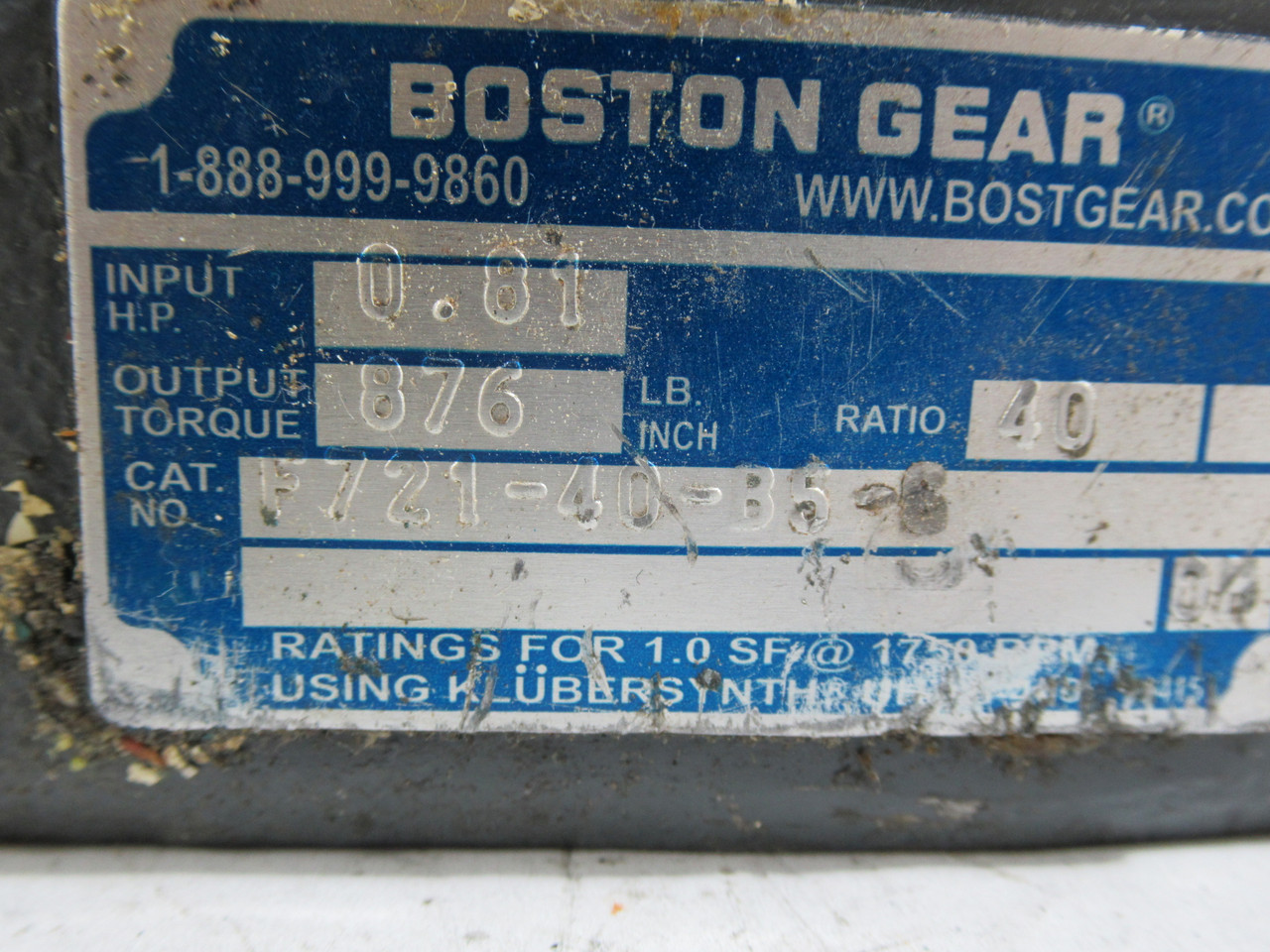 Boston Gear F721-40-B5-6 Gear Reducer 40:1 Ratio 876Lb-in 0.81HP@1750RPM USED