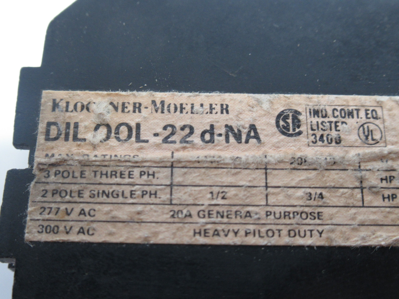 Klockner-Moeller DIL00L-22D-NA Contactor 20A 60Hz Coil 110/115V USED
