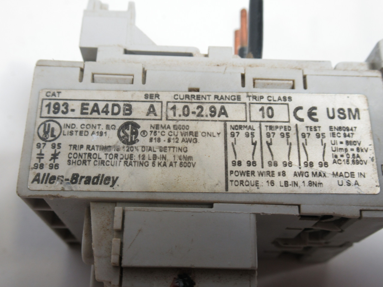 Allen-Bradley 193-EA4DB Series A Overload Relay 1.0-2.9A USED