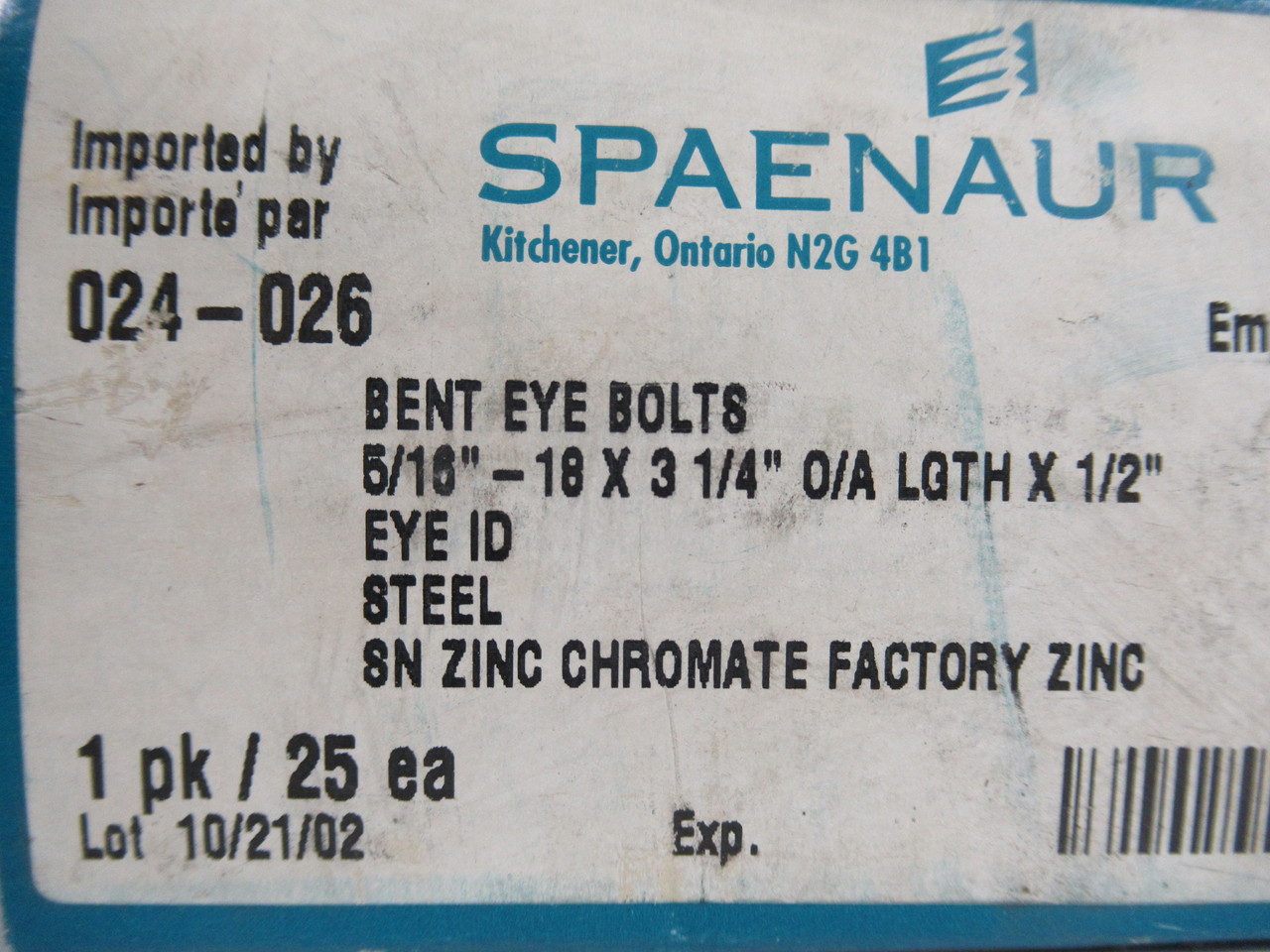 Spaenaur 024-026 Bent Eye Bolt 5/16"-18x3-1/4"x1/2" Steel Zinc 25-Pk ! NEW !
