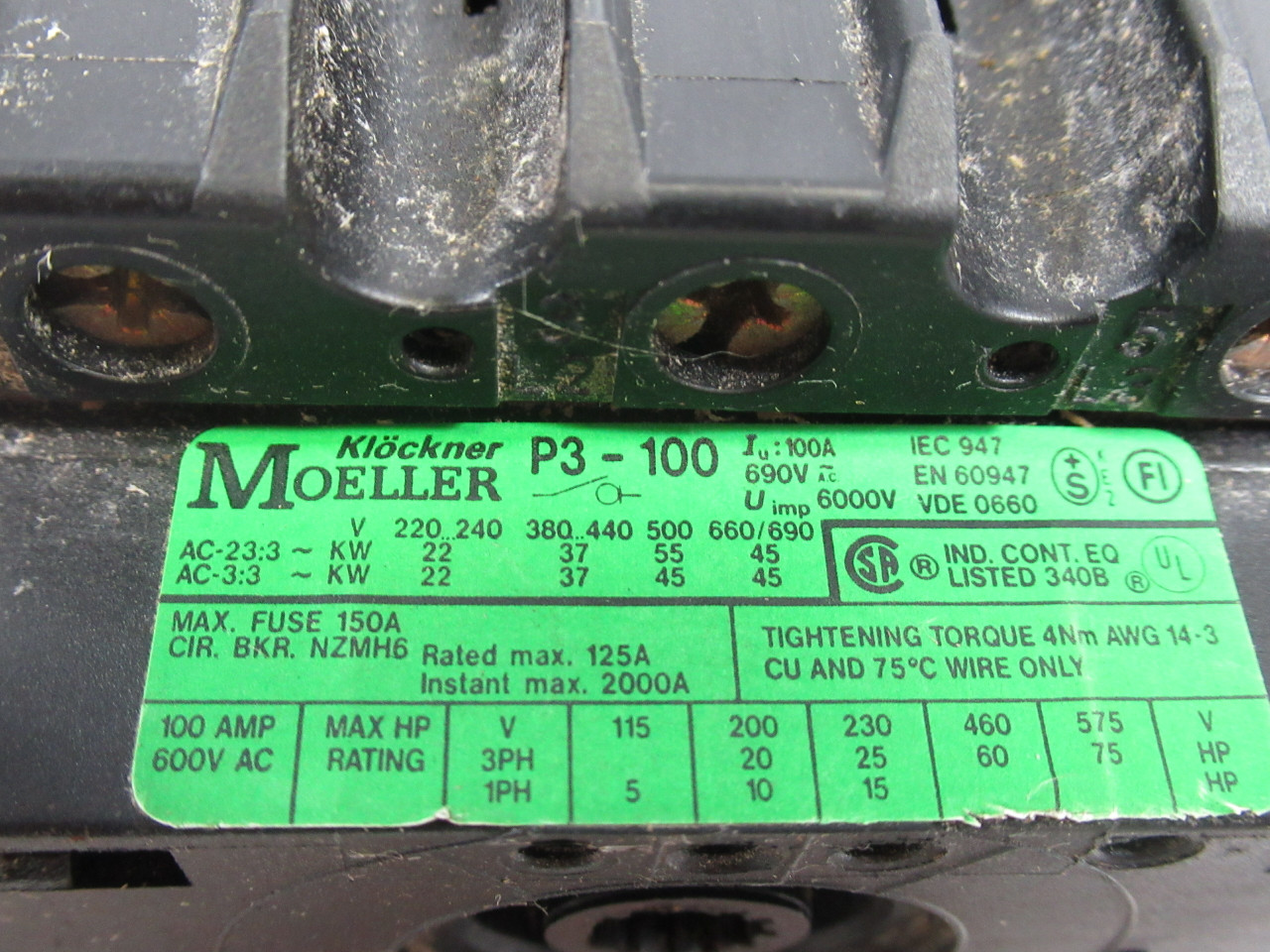 Klockner-Moeller P3-100 Disconnect Switch Base 690VAC 100A USED