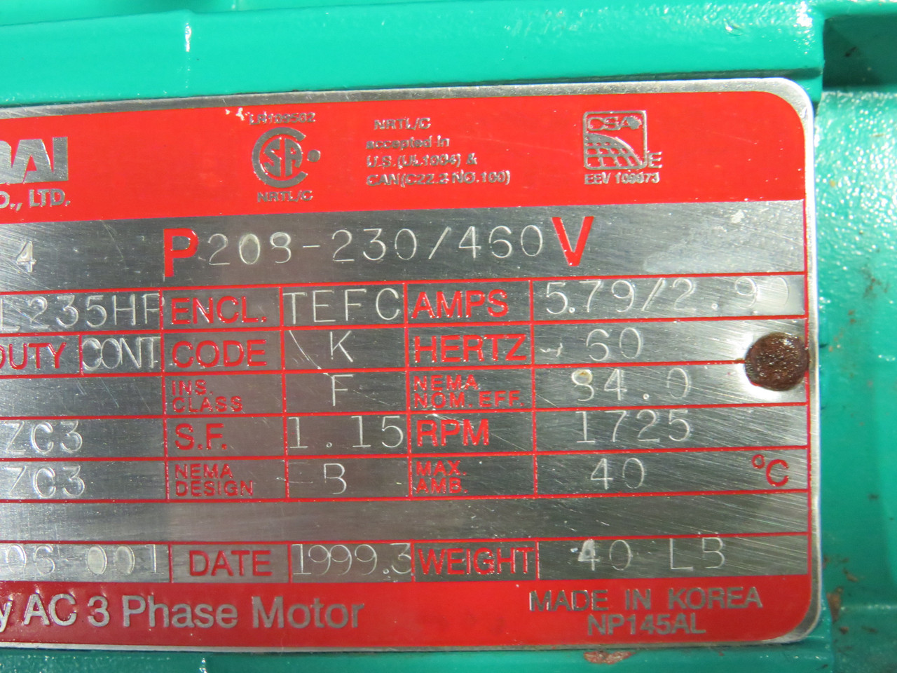 Hyundai AC Motor 2HP 1725RPM 203-230/460v 145T TEFC 3PH NO FAN COVER USED