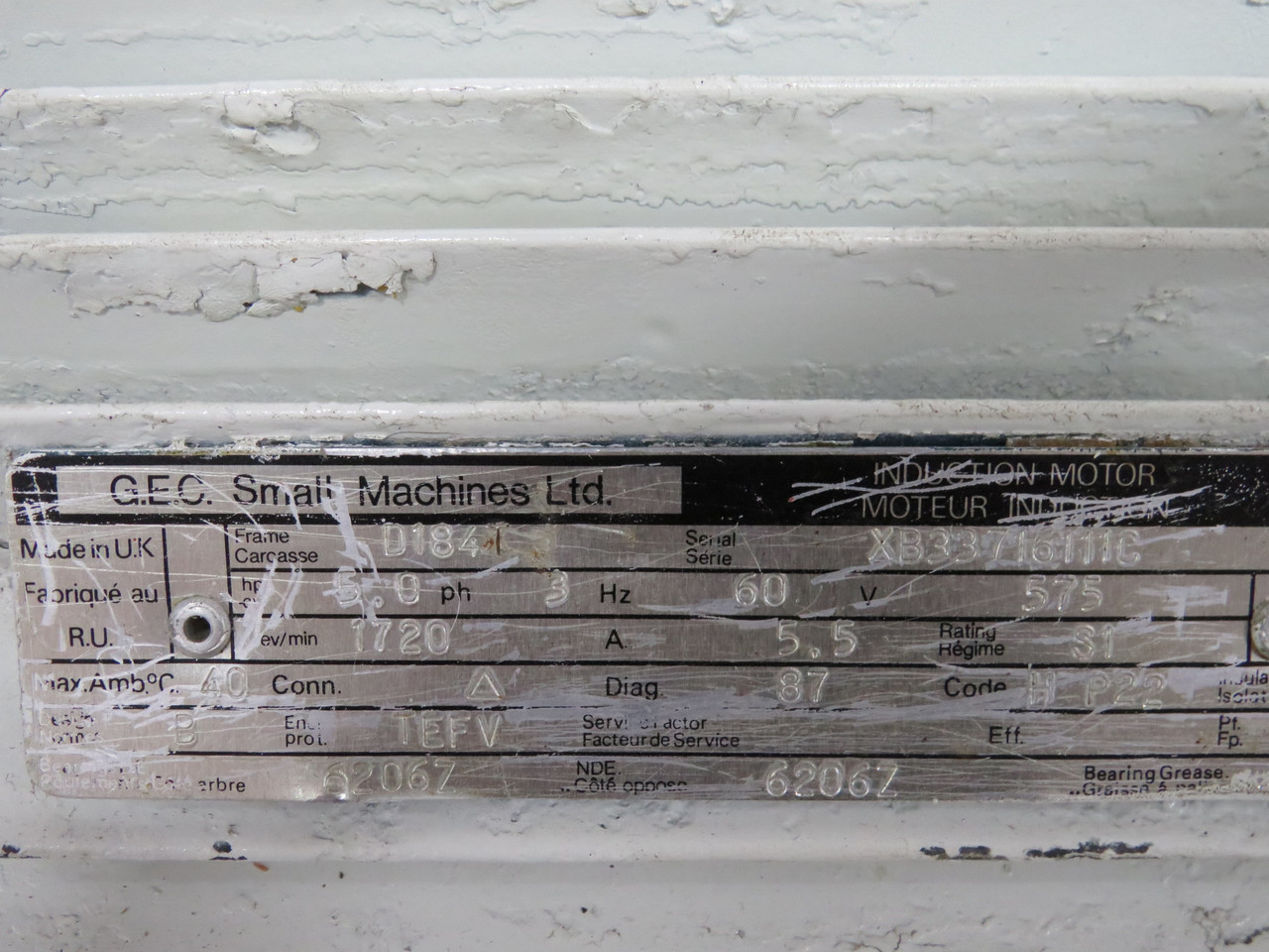 G.E.C. Induction Motor 5HP 1720RPM 575V D184T TEFV 3PH 5.5A 60Hz USED