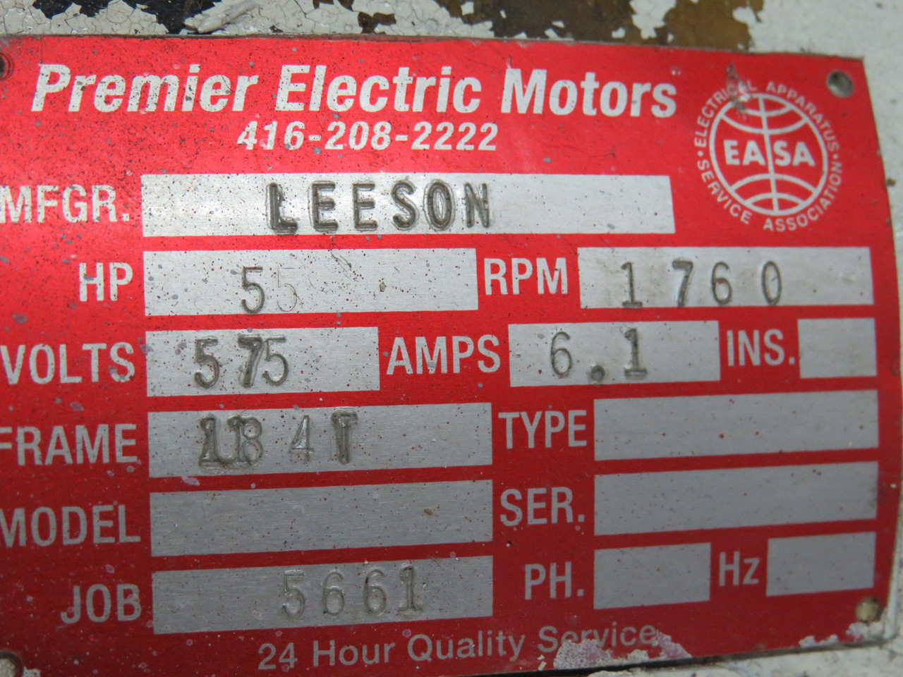 Leeson Induction Motor 5HP 1760RPM 184T 6.1A USED