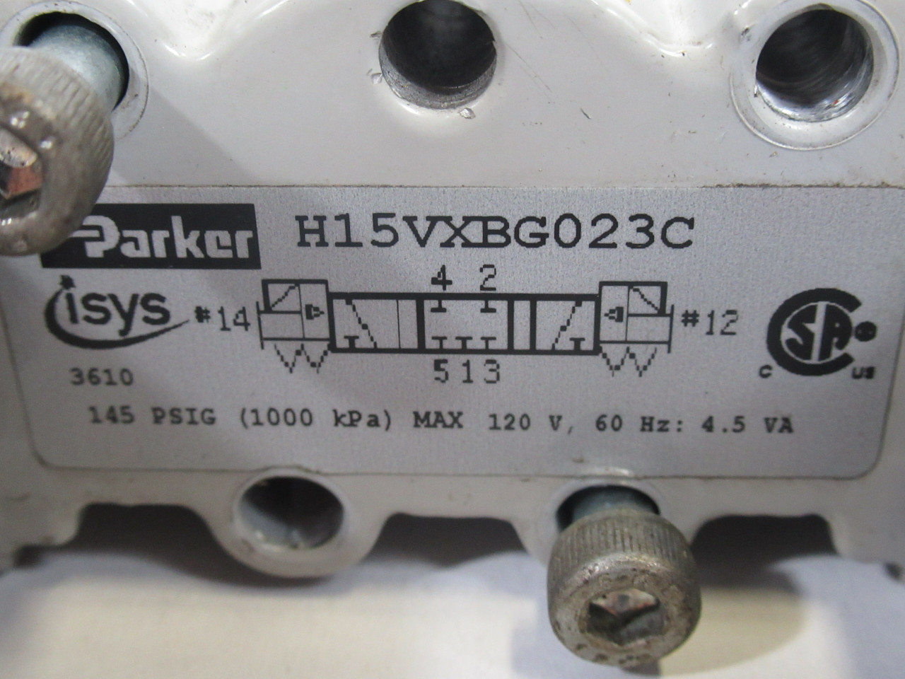 Parker H15VXBG023C 4/3 Solenoid Valve 145 psig *Missing Connector Tip* USED