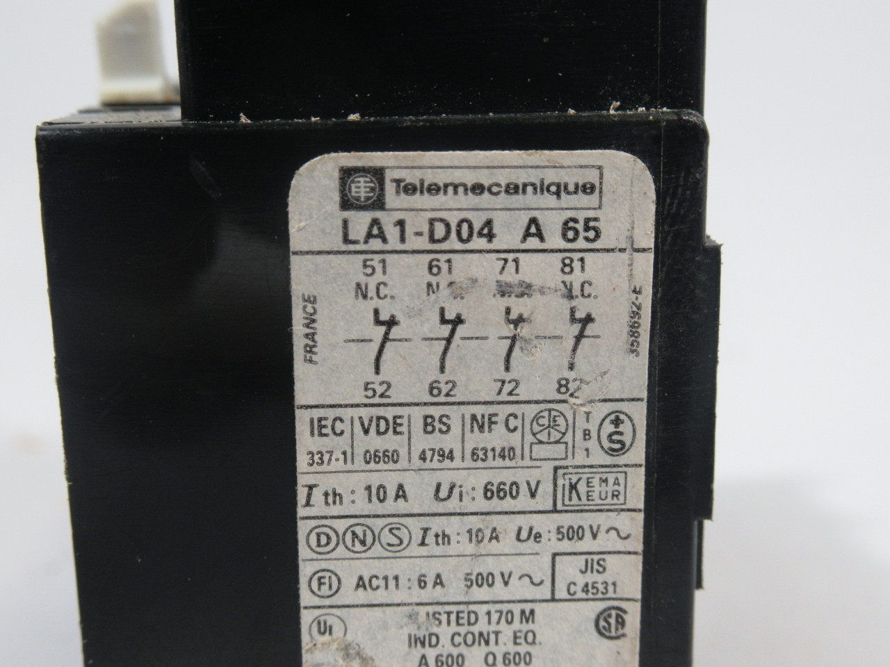 Telemecanique LA1-D04-A65 Auxiliary Contact 4NC 660V 10A USED