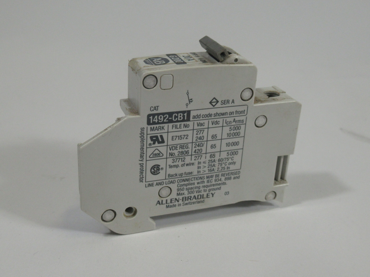 Allen-Bradley 1492-CB1-G200 Series A Circuit Breaker 20A 277VAC USED