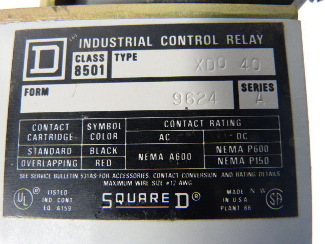 Square D XDO-40 Form 9624 4 Pole Relay 230/250VDC USED