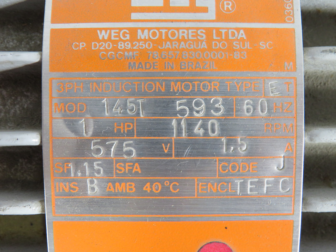 Weg 145T-593 Induction Motor 1Hp 1140RPM 575V 3Ph 1.5A 60Hz USED