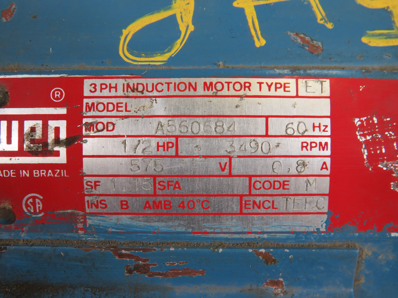 Weg A560684 Induction Motor 1/2Hp 3490RPM 575V 0.8A 3Ph 60Hz USED