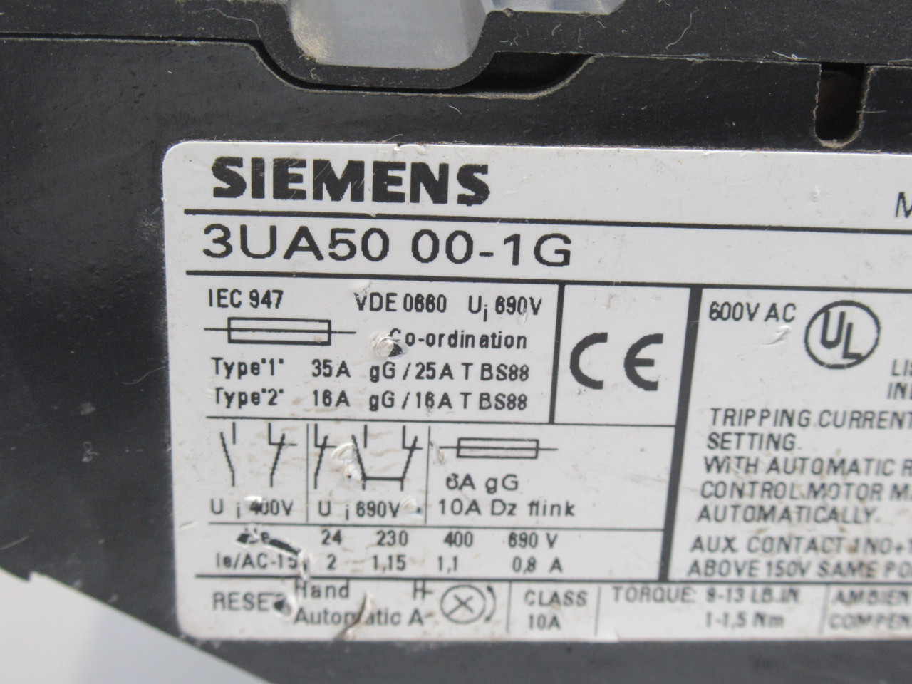 Siemens 3UA5000-1G Overload Relay 4-6.3A 690V USED