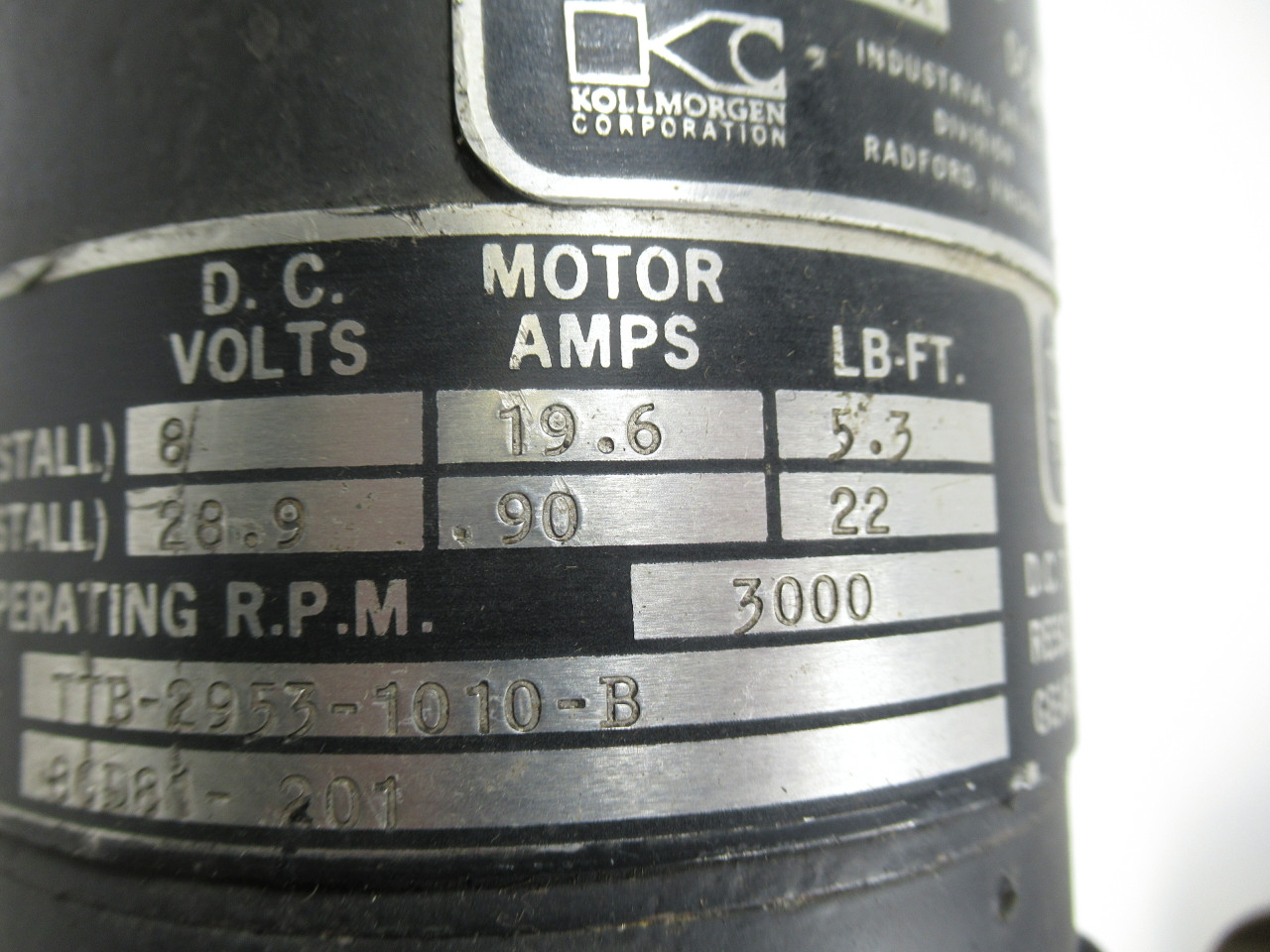 Kollmorgen 3000RPM 8/28.9V 19.6/.90A 5.3/22 Lb-ft C/W Brake 115V 0.75A USED