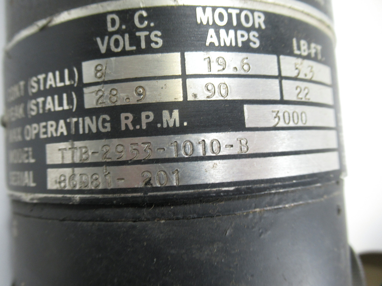 Kollmorgen 3000RPM 8/28.9V 19.6/.90A 5.3/22 Lb-ft C/W Brake 115V 0.75A USED