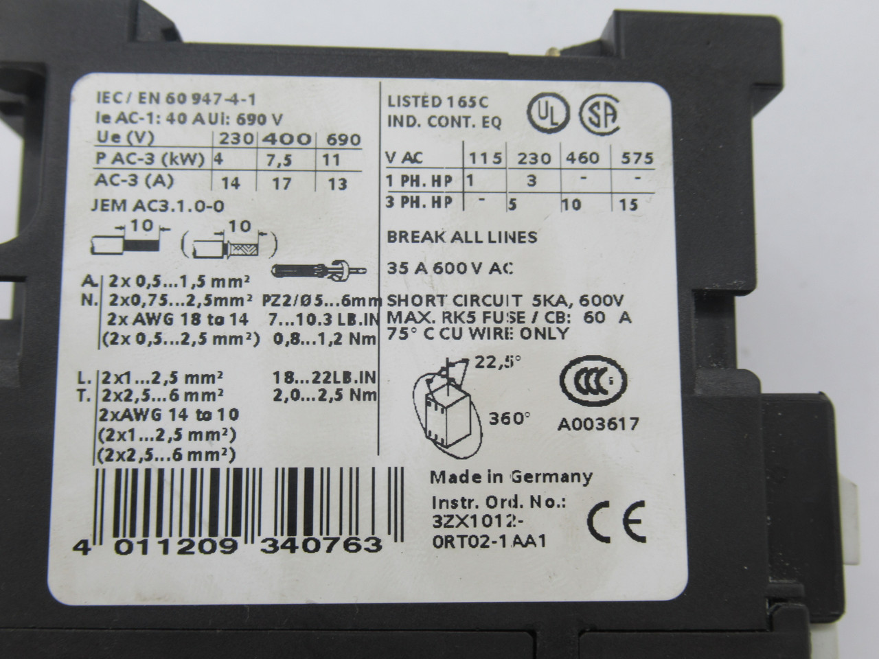 Siemens 3RT1025-1AK60 Contactor 110/120V 50/60Hz USED