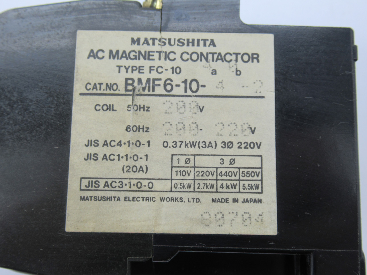 Matsushita BMF6-10-4-2 AC Magnetic Contactor 200/200-220V 50/60Hz USED