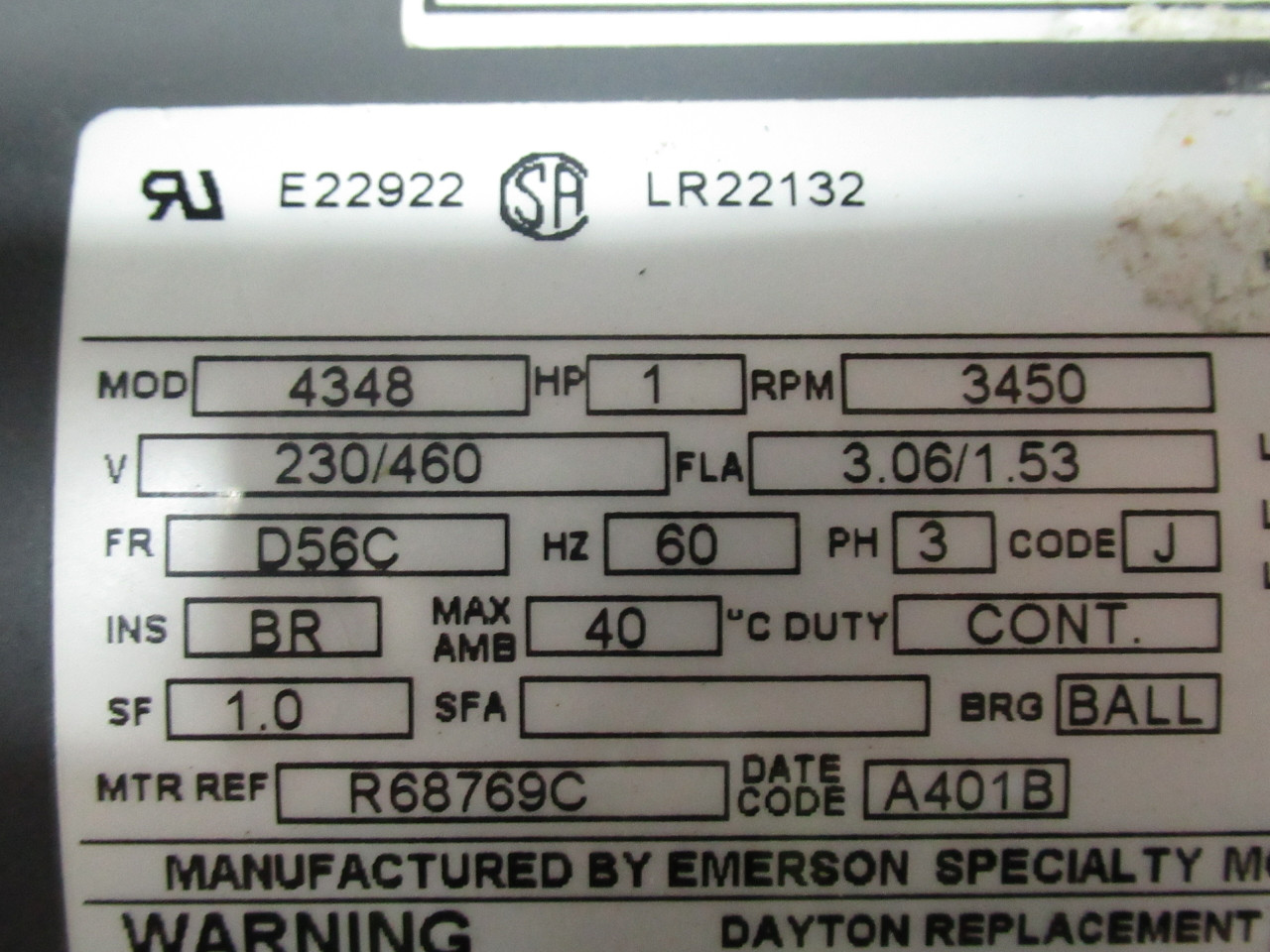 Emerson 1HP 3450RPM 230/460V D56C TEFC 3Ph 3.06/1.53A 60Hz ! NOP !