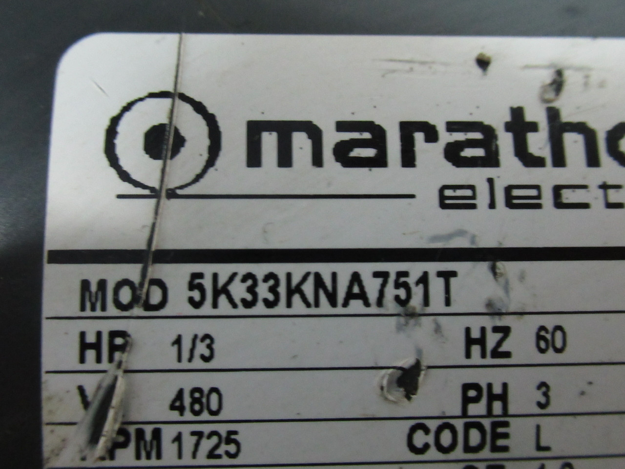 Marathon Electric 1/3HP 1725RPM 480V 48Z AO 3Ph 0.8A 60Hz USED