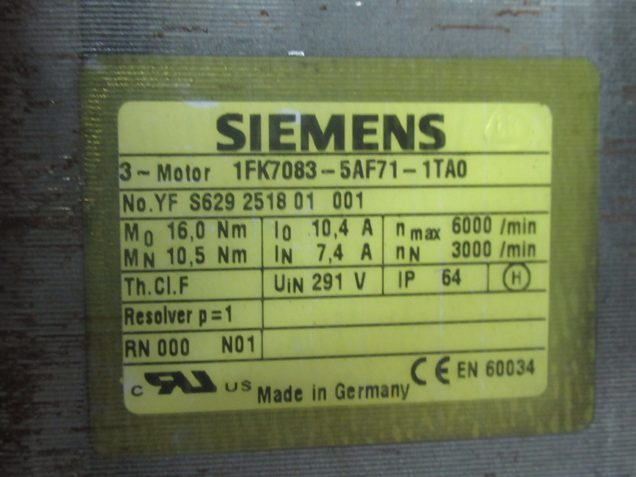 Siemens 1FK7083-5AF71-1TA0 Synchronous Servo Motor 6000/3000RPM 291V USED
