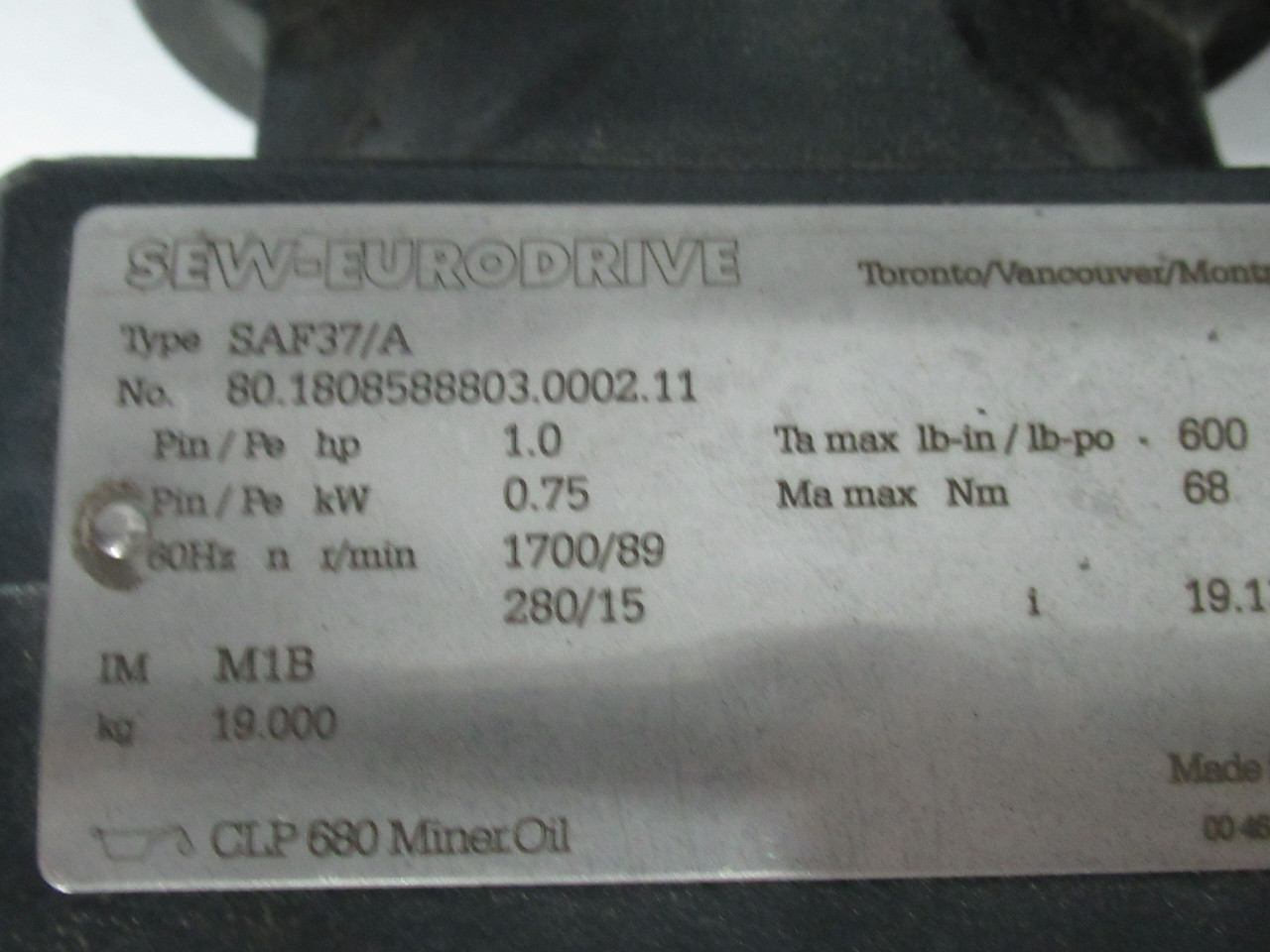 Sew-Eurodrive 1HP 1700RPM 200-240V TEFC 3Ph C/W Reducer 19.13:1 Ratio USED