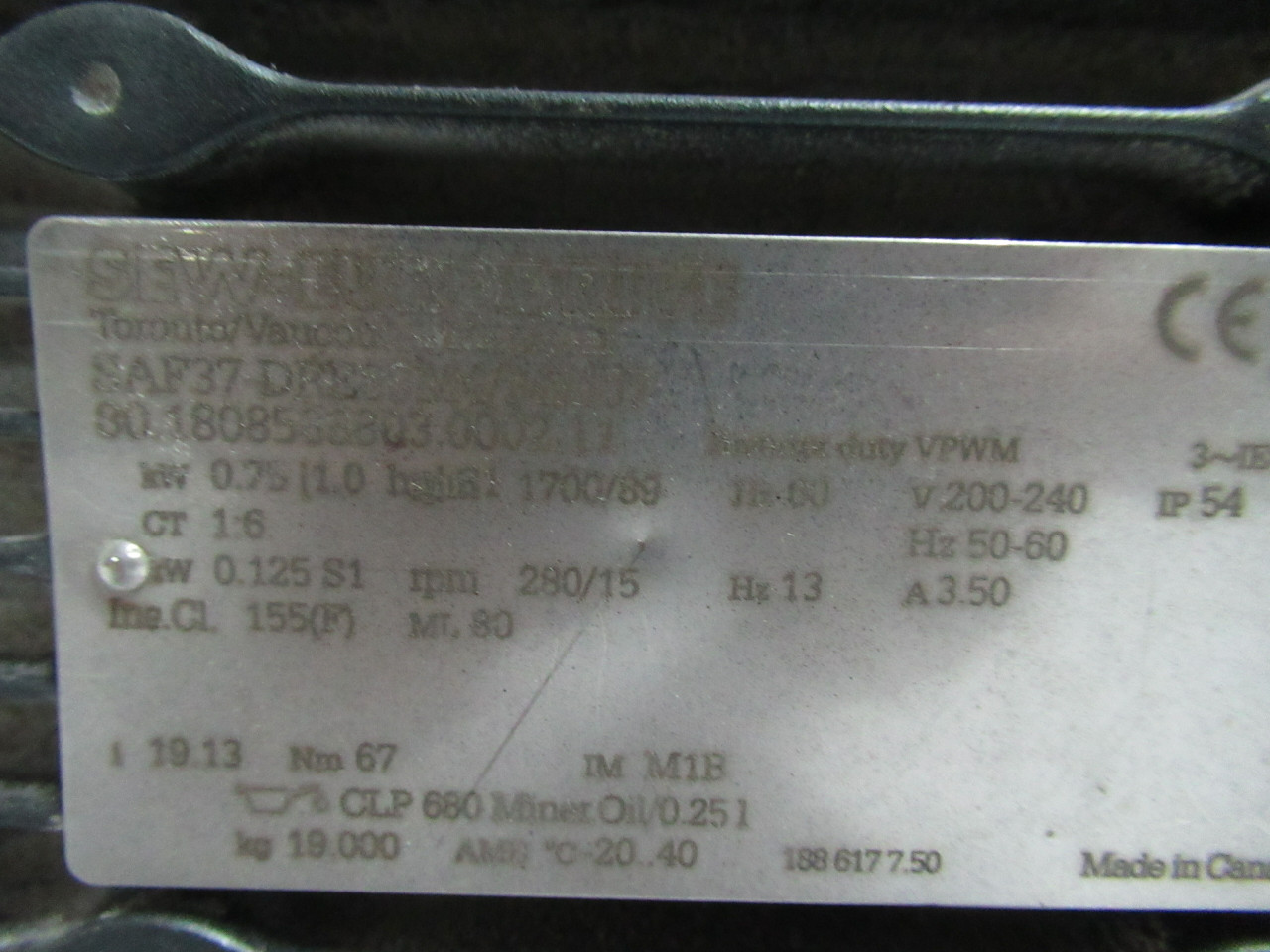 Sew-Eurodrive 1HP 1700RPM 200-240V TEFC 3Ph C/W Reducer 19.13:1 Ratio USED