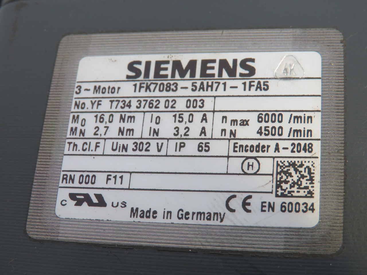 Siemens 1FK7083-5AH71-1FA5 Synchronous Servo Motor 6000/4500RPM 302V USED