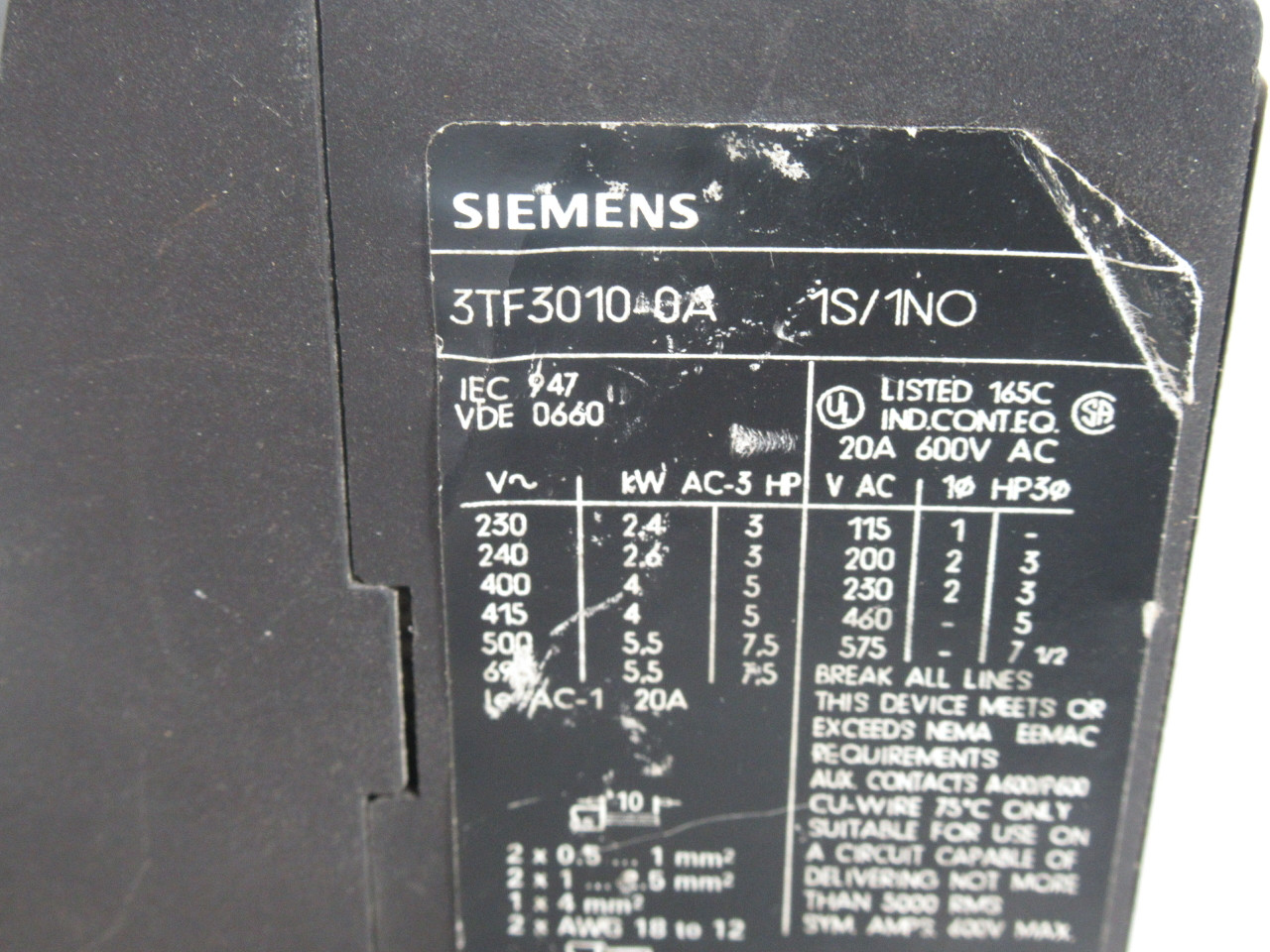 Siemens 3TF3010-0ASO Contactor 500V@50Hz 600V@60Hz USED