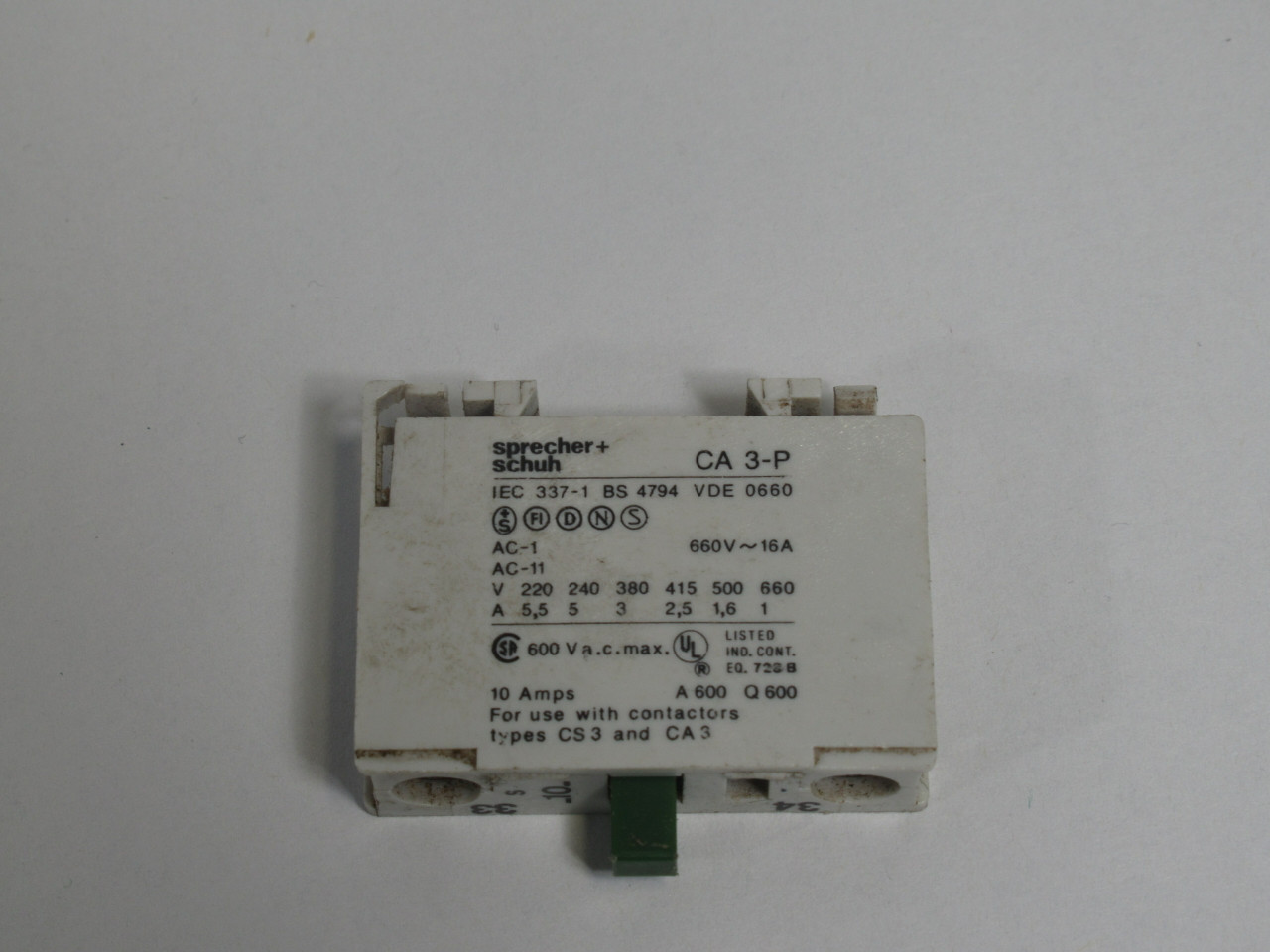 Sprecher + Schuh CA3-P10 Auxiliary Contact Block 16A@660V 1NO USED