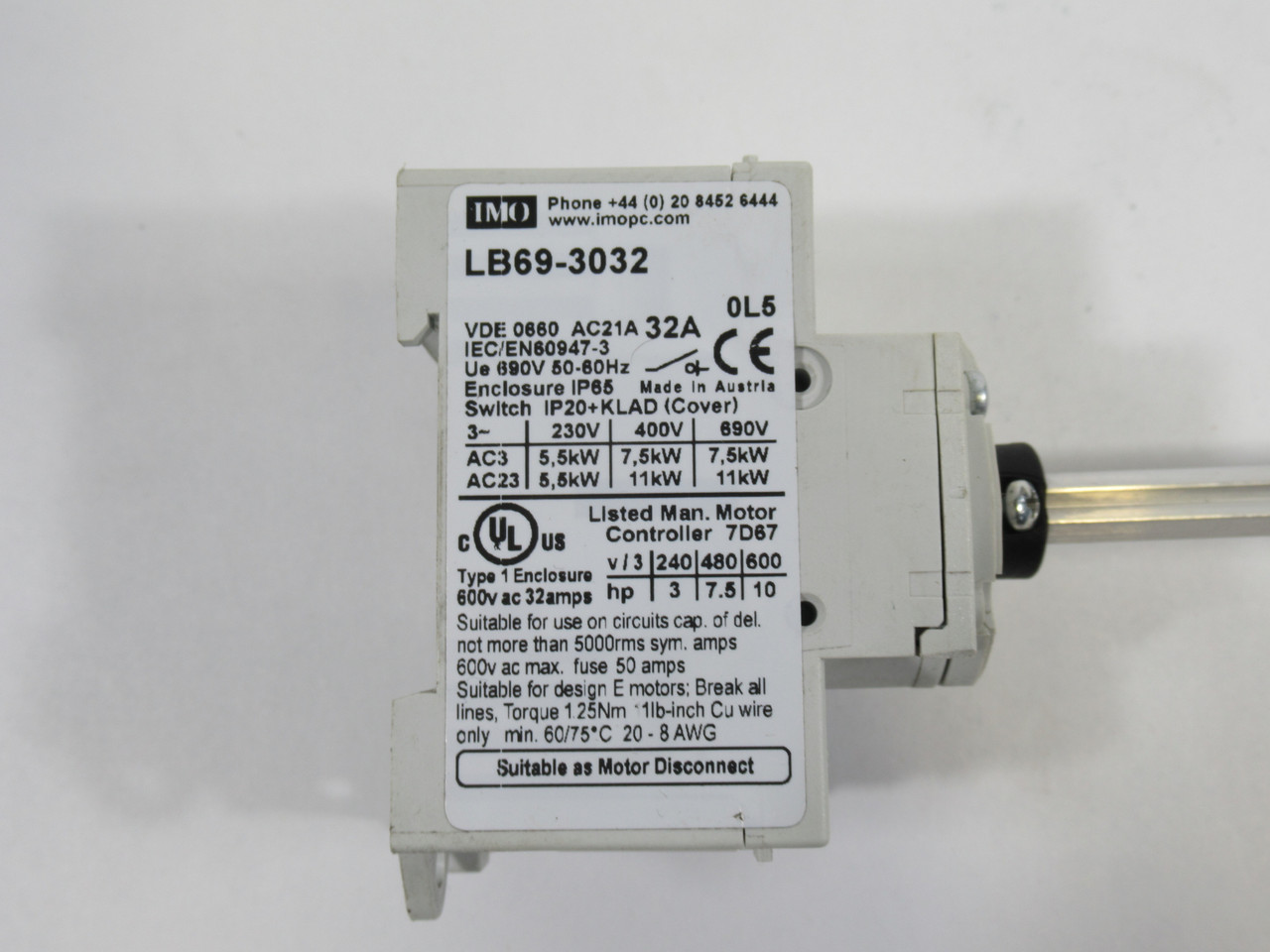 IMO LB69-3032 Switch Disconnector 32A 600VAC C/W 7" Shaft DAMAGED USED