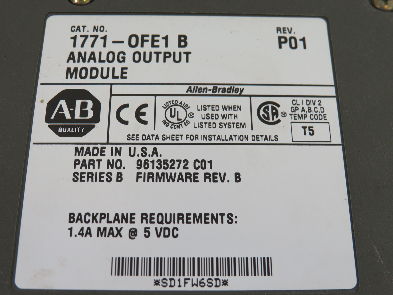 Allen-Bradley 1771-OFE1 12-Bit Analog Output Module Ser B F/W B Rev P01 USED