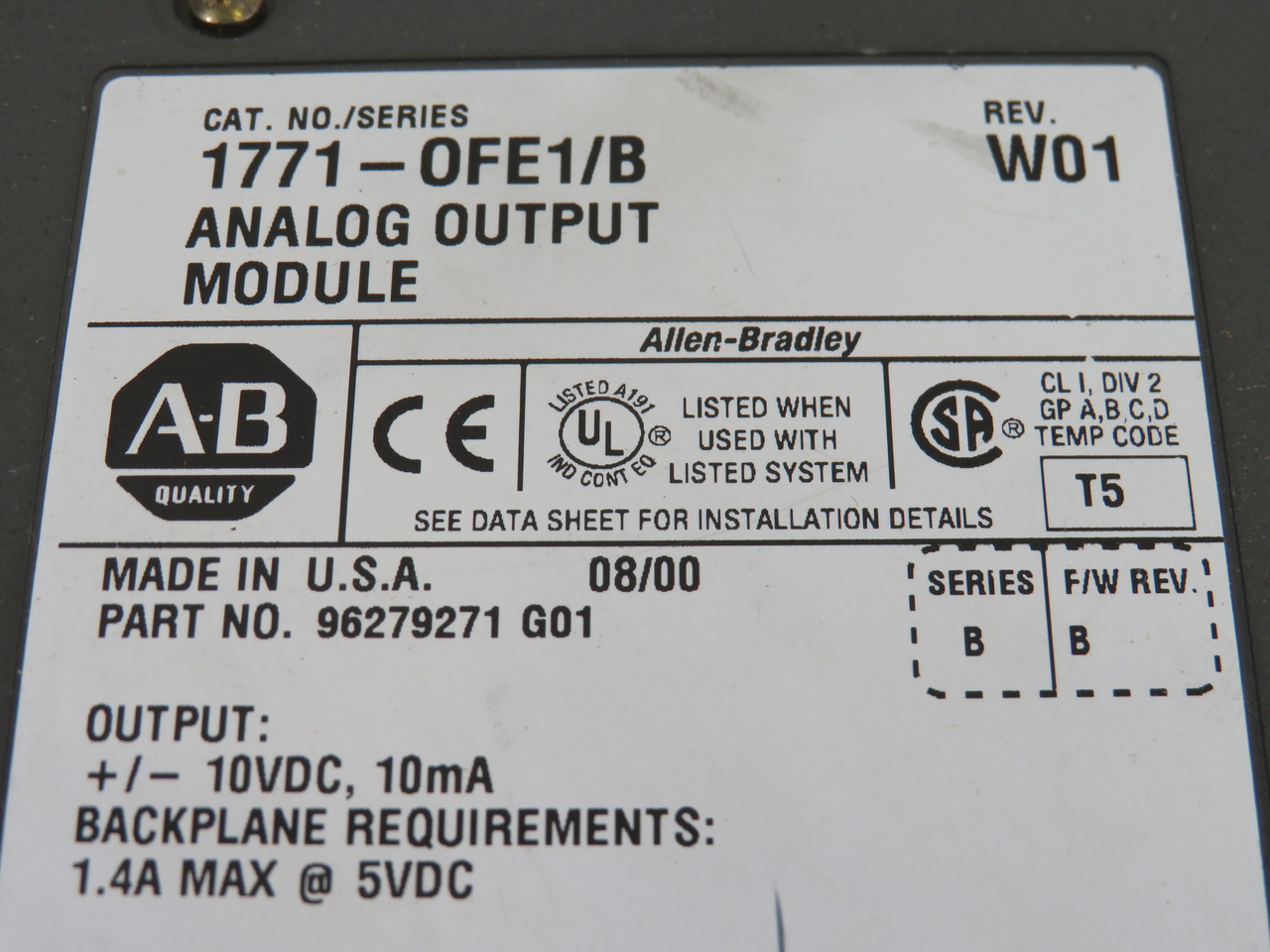Allen-Bradley 1771-OFE1 12-Bit Analog Output Module Ser B F/W B Rev W01 USED