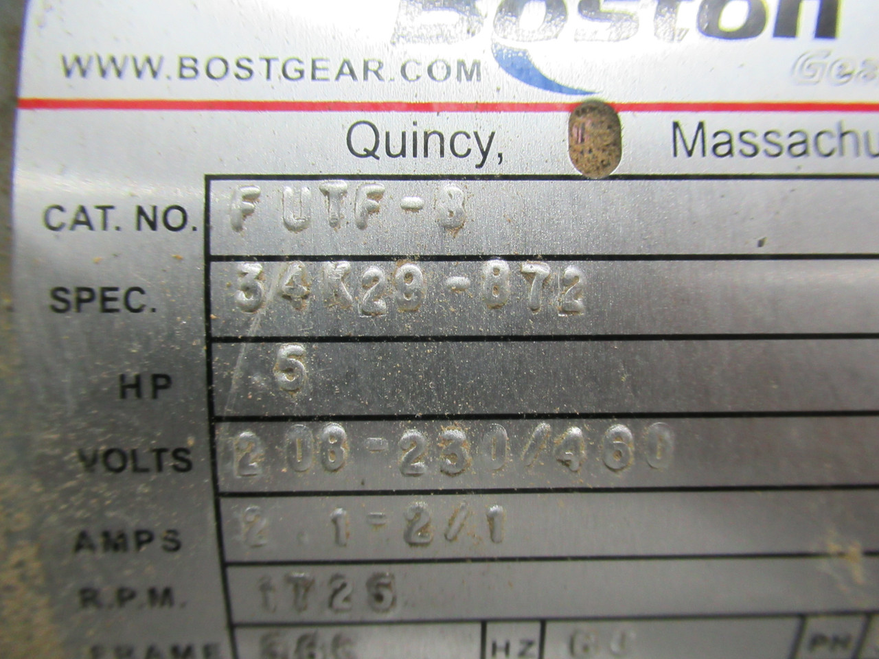 Boston .5HP 1725RPM 208-230/460V 56C TEFC 3Ph 2.1-2/1A C/W Gear Reducer USED